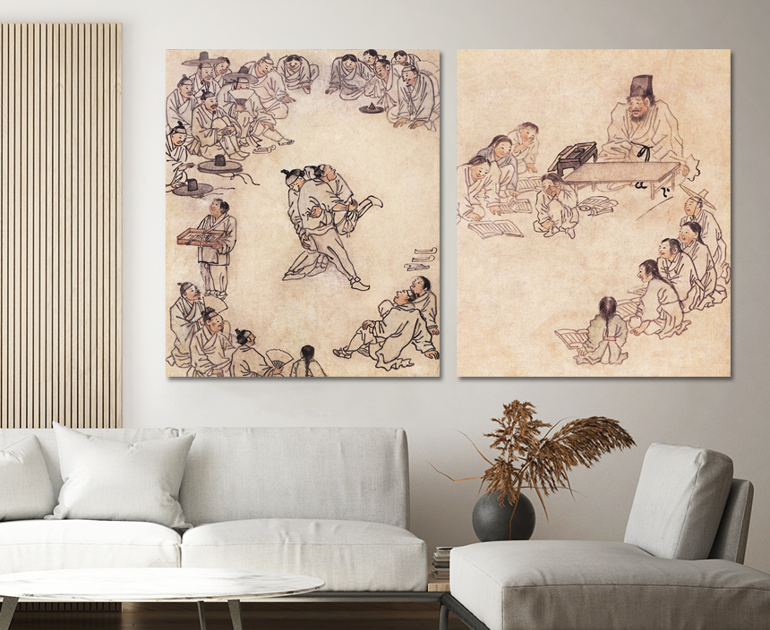김홍도 그림 민화 씨름 서당 풍수 거실 인테리어 액자 한국화 수묵화 중형 - 상세 이미지 4