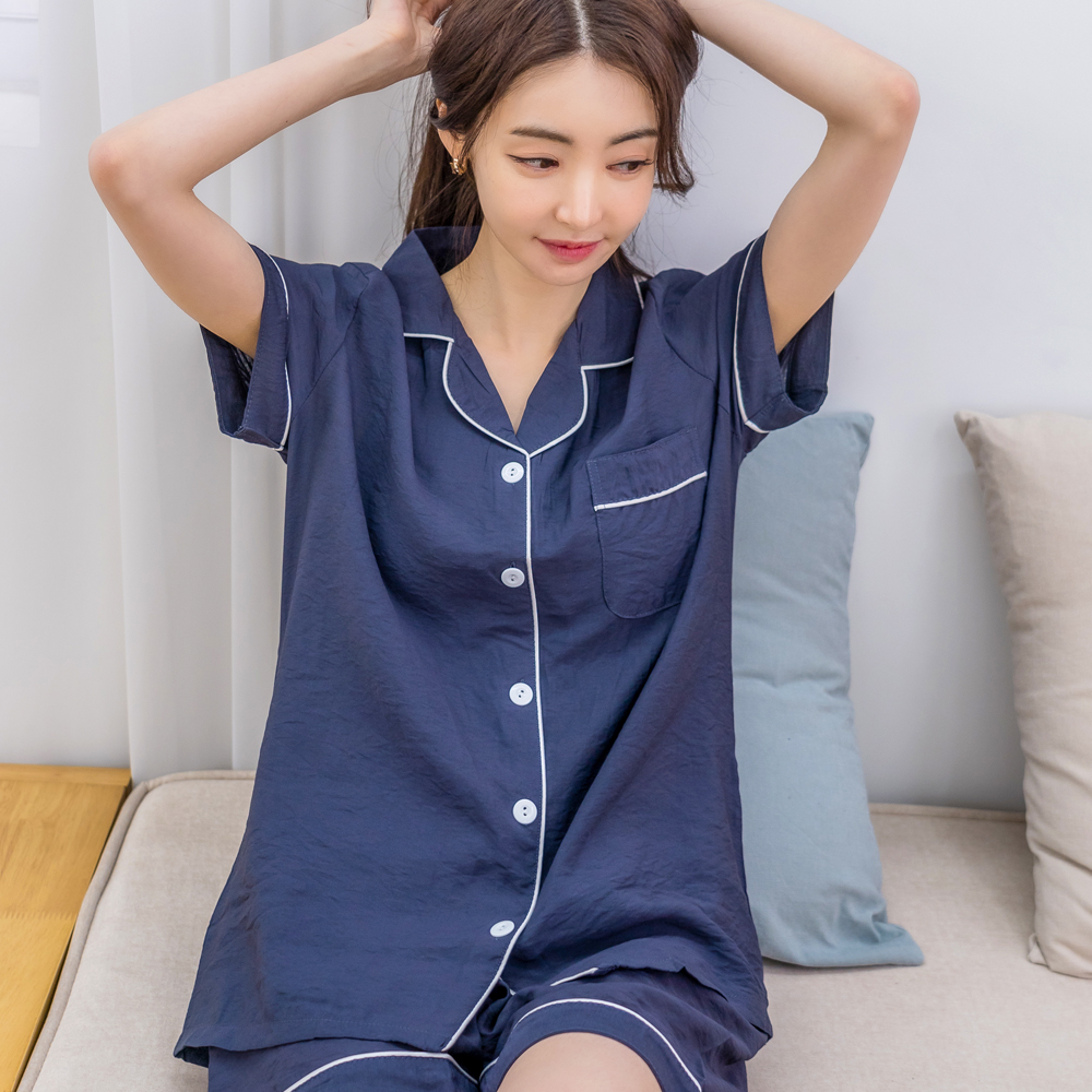 에이원 여성 인견 반팔 카라 잠옷 세트 상하 실내복 - 상품 이미지