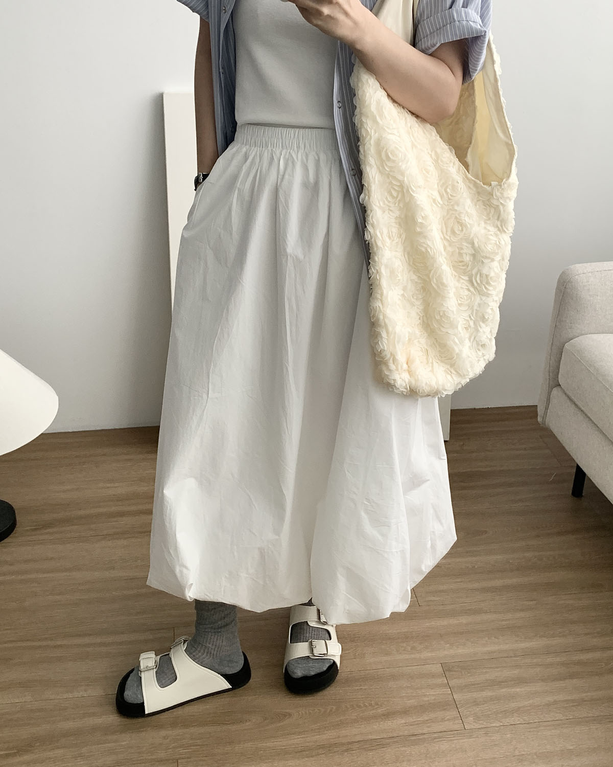 [당일발송] 펌킨 롱스커트 코튼 아방 벌룬 플레어 A라인 밴딩스커트 웨어링무드 (2c) - 상세 이미지 4