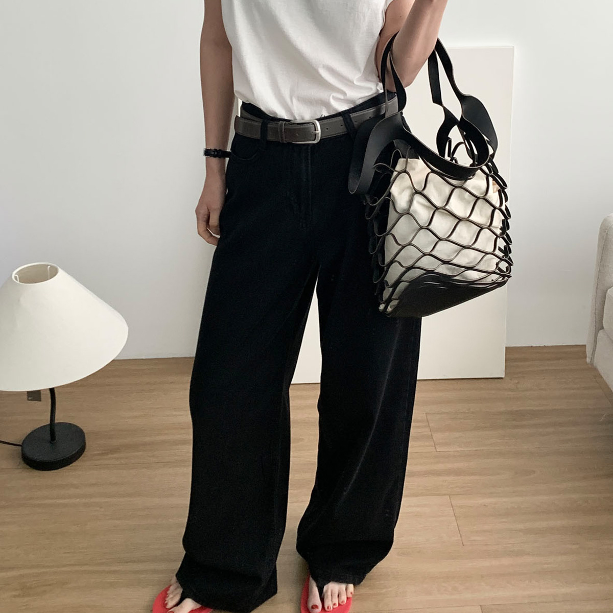 [당일발송] 썸머 와이드 블랙진 얇은 일자와이드 하이웨스트 링사데님 웨어링무드