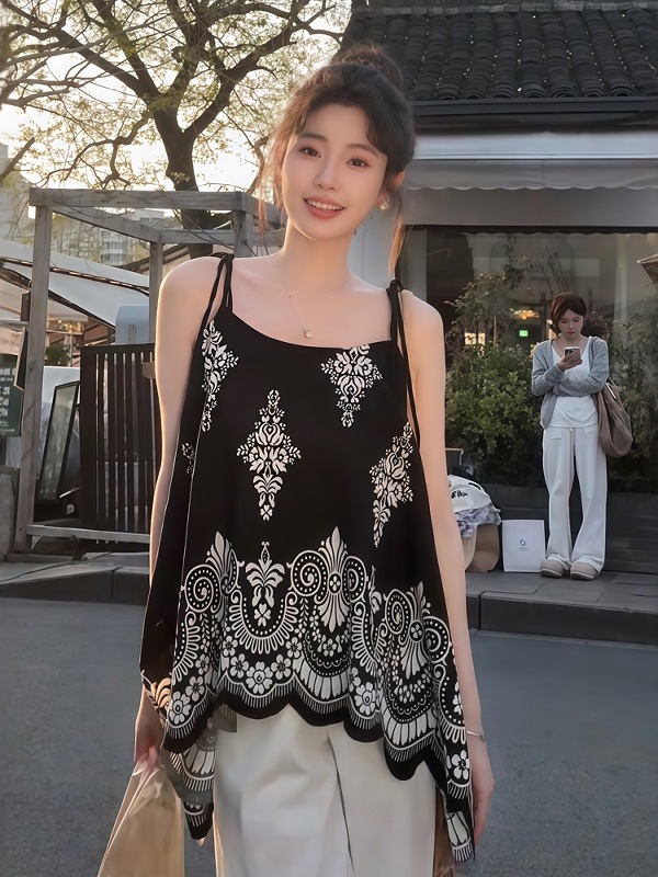 태슬달린 물결밑단포인트 페이즐리나시블라우스 루즈핏 뒷면배색화이트 동남아풍 스타일 디자인 - 상세 이미지 4