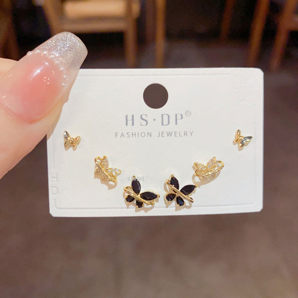 S925 블랙 큐빅 14K 나비 귀걸이 세트 스터드 귀여운 이어링 - 상세 이미지 2