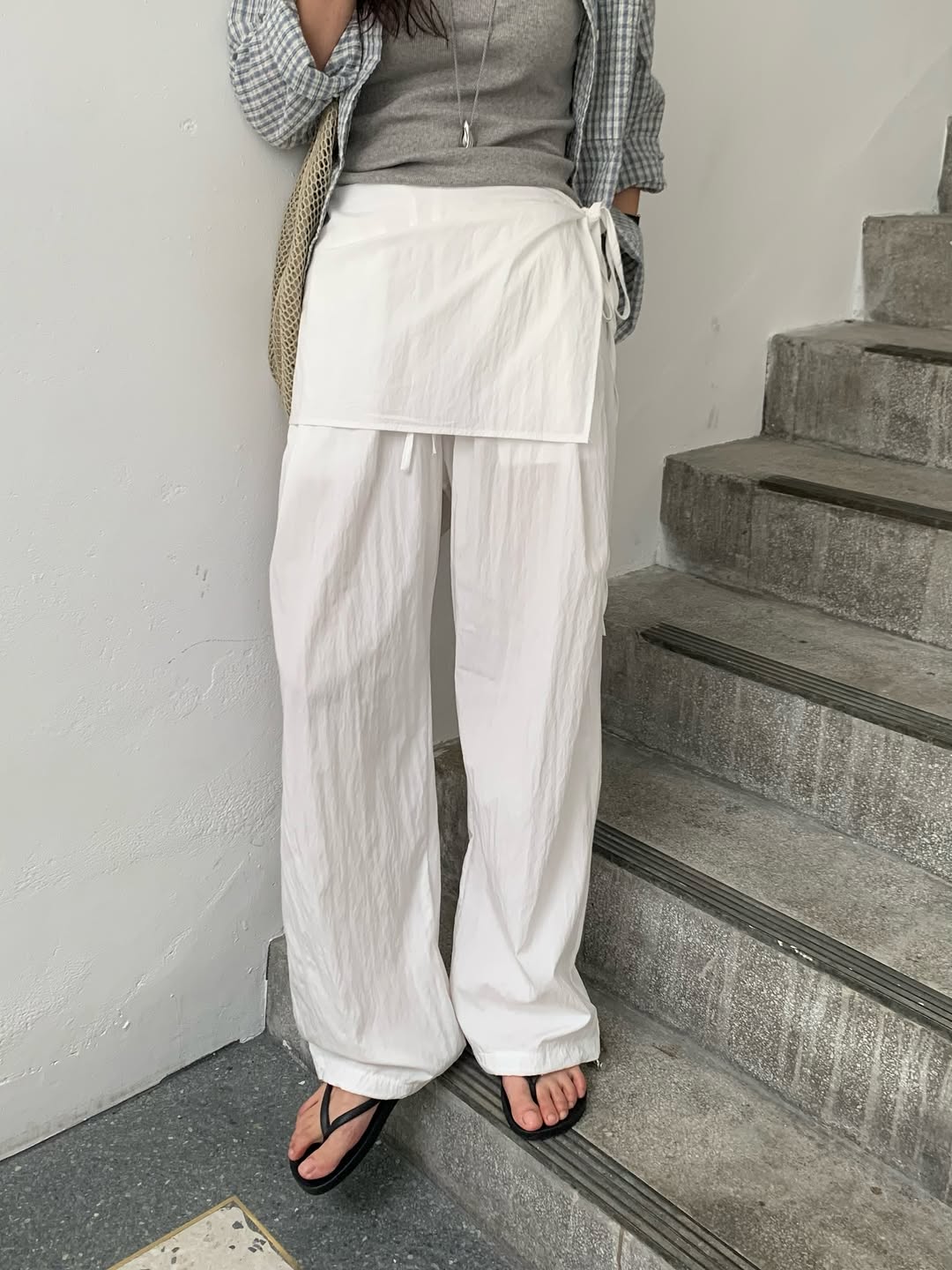 오버무드 여성 스트링 랩 레이어드 밴딩 나일론 와샤 치마 바지 투웨이 팬츠 2color