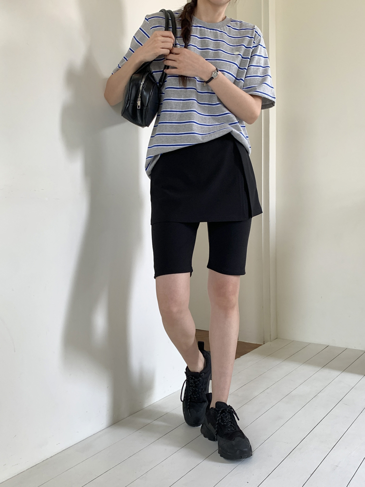 오버핏 자개 단가라 여름 여성 티셔츠 코튼 라운드 스트라이프 티셔츠 박스티 여자 반팔티 - 상세 이미지 5