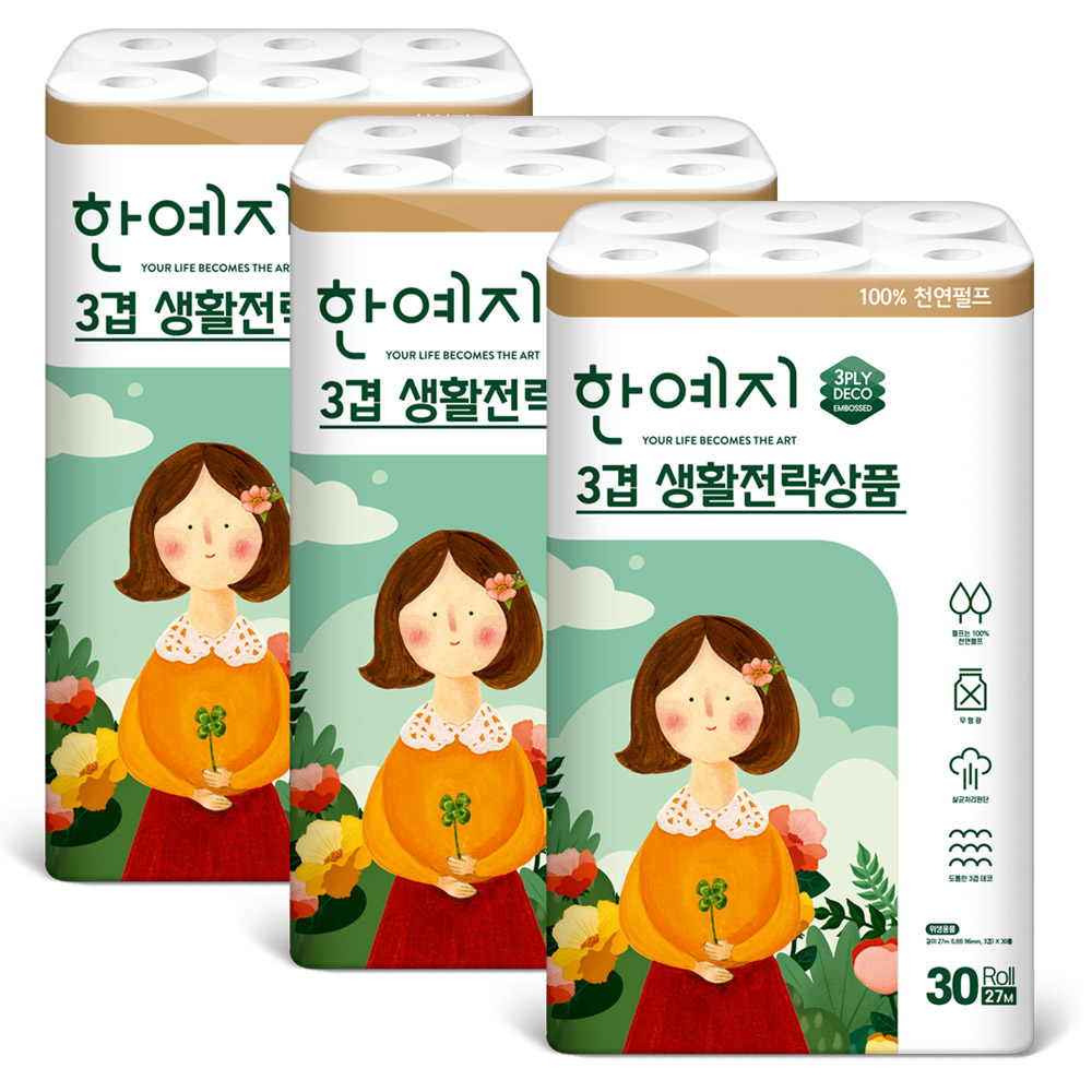 한예지 생활전략상품 천연펄프 화장지 27m, 30롤, 3팩 - 상세 이미지 2