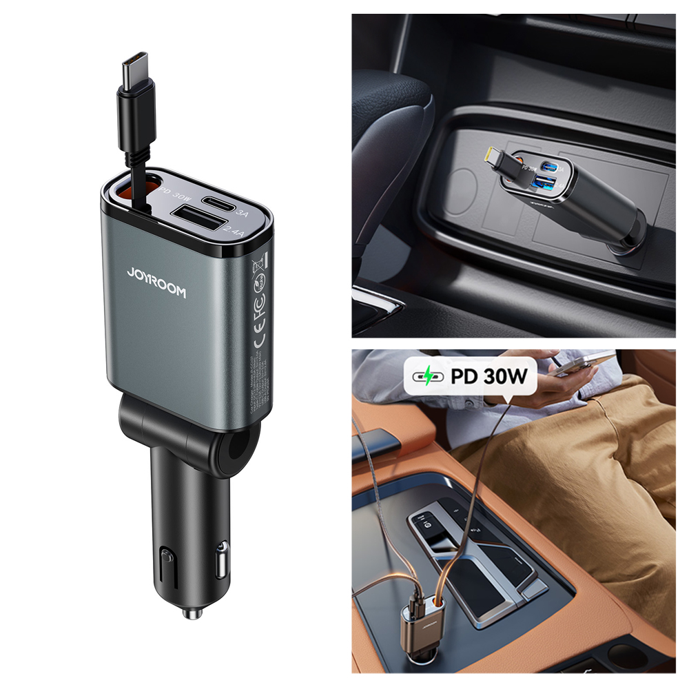 조이룸 에어그립 차량용 3in1 고속충전기 60W 릴타입 자동감기 케이블 일체형 시거잭