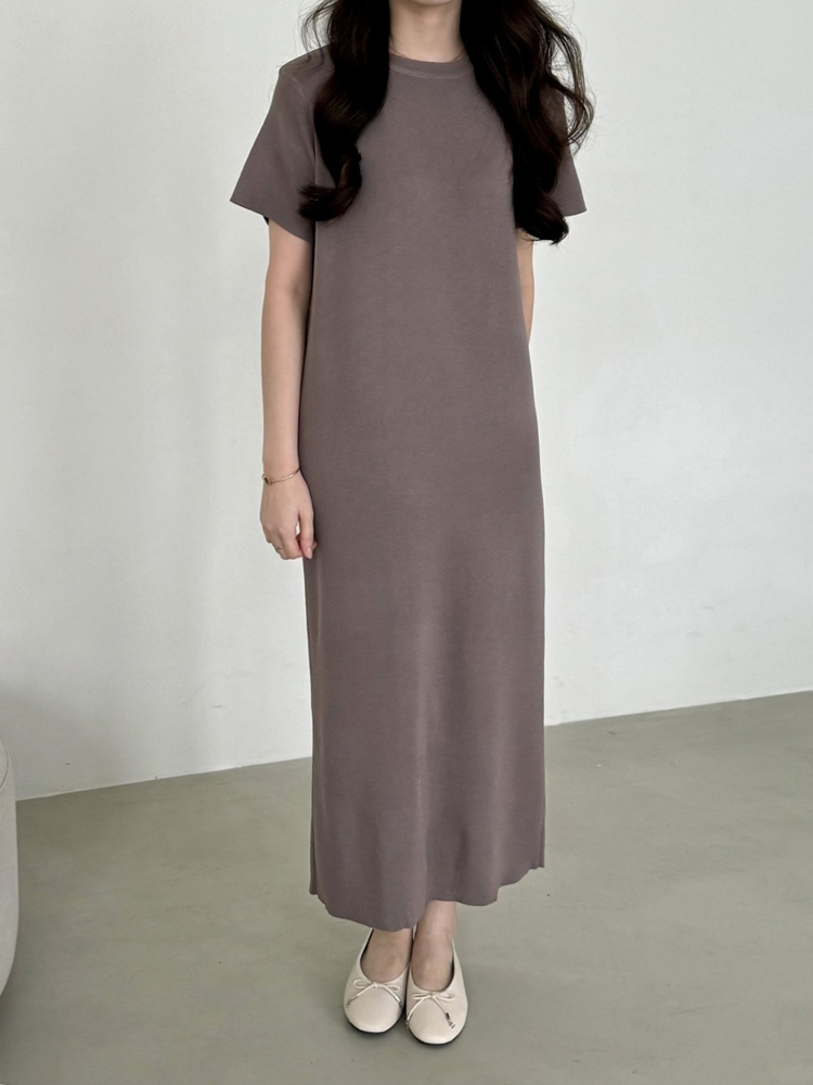 부드러운 비스코스 라운드 맥시 썸머 니트 반팔 롱 원피스 여성 여름 원피스 H라인 데일리룩