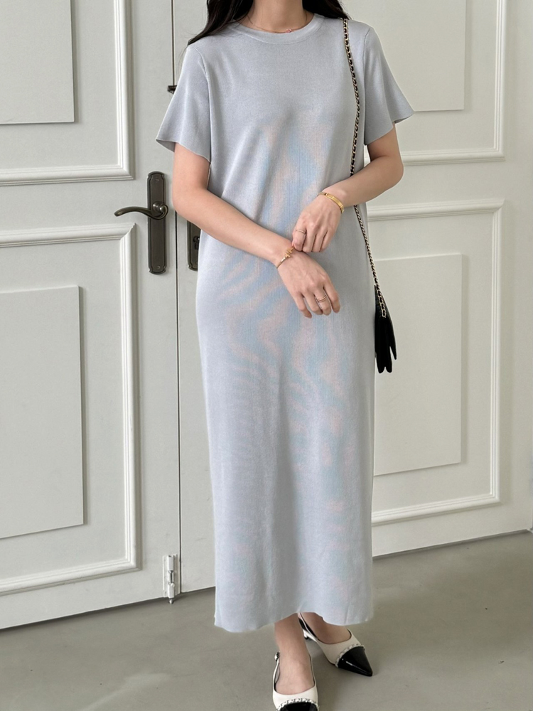 부드러운 비스코스 라운드 맥시 썸머 니트 반팔 롱 원피스 여성 여름 원피스 H라인 데일리룩