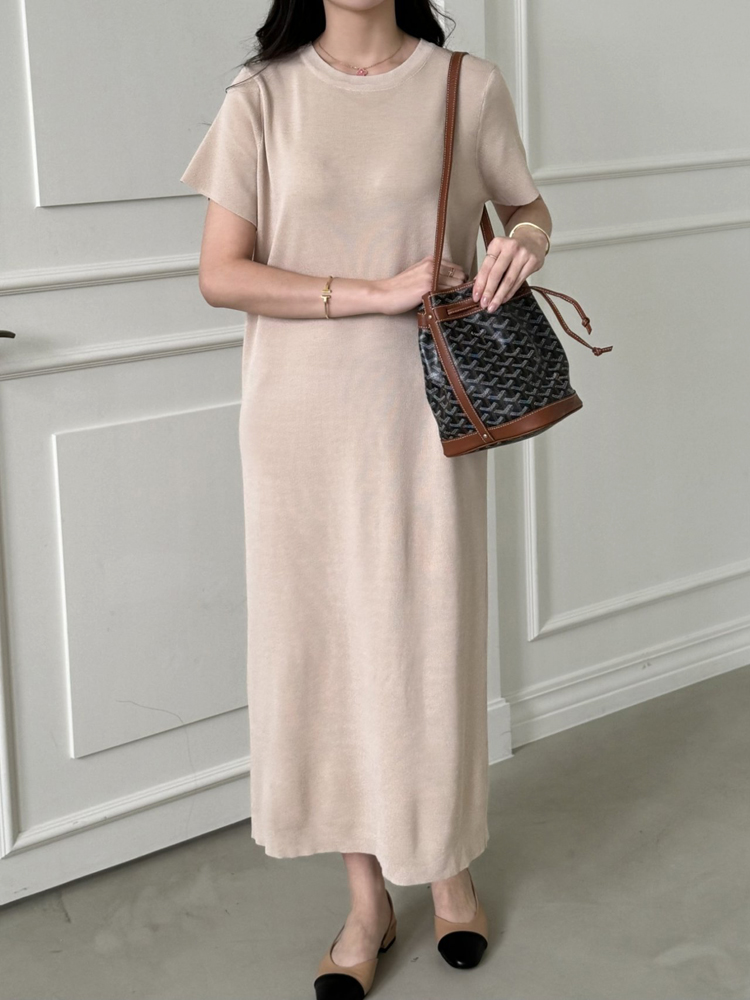 부드러운 비스코스 라운드 맥시 썸머 니트 반팔 롱 원피스 여성 여름 원피스 H라인 데일리룩