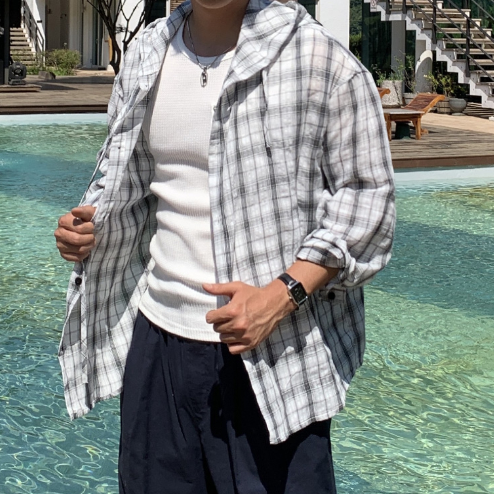 남자 슨구 여름 오버핏 린넨 면 체크 후드 셔츠 남방