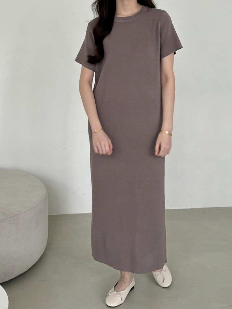 부드러운 비스코스 라운드 맥시 썸머 니트 반팔 롱 원피스 여성 여름 원피스 H라인 데일리룩