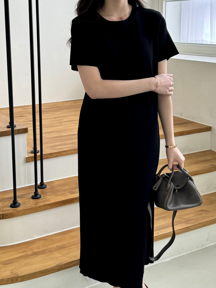 부드러운 비스코스 라운드 맥시 썸머 니트 반팔 롱 원피스 여성 여름 원피스 H라인 데일리룩