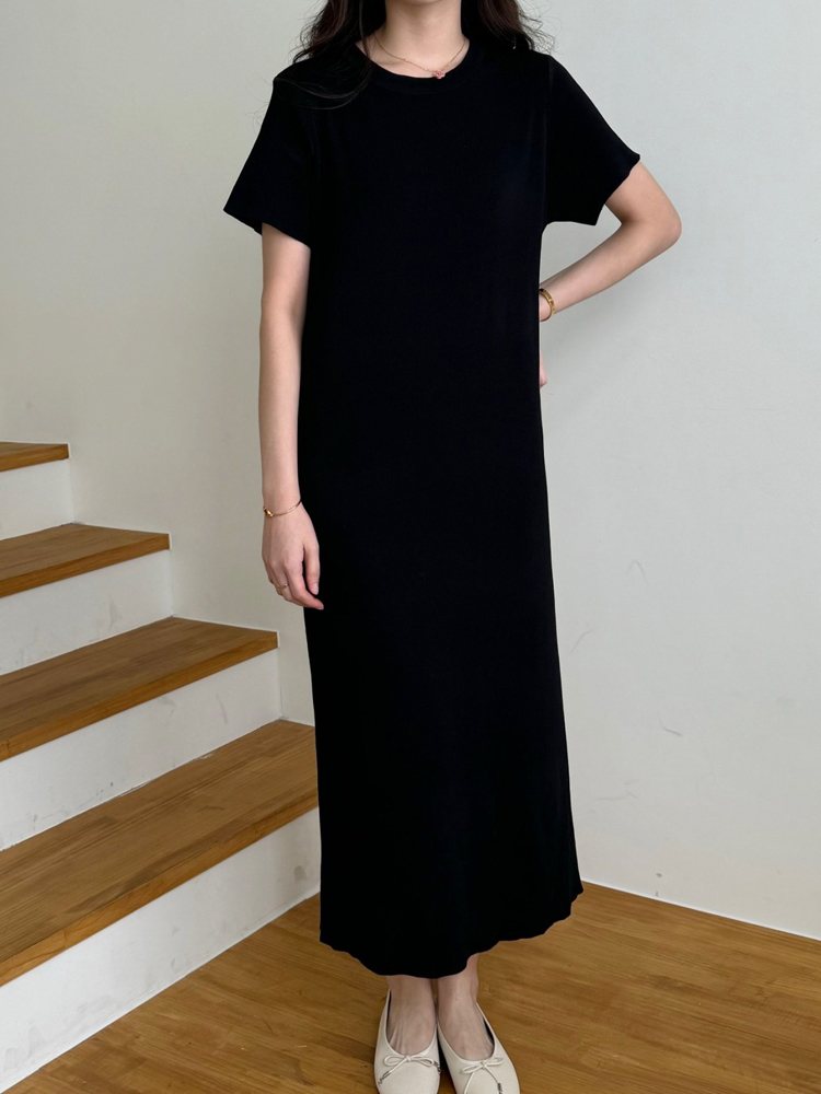 부드러운 비스코스 라운드 맥시 썸머 니트 반팔 롱 원피스 여성 여름 원피스 H라인 데일리룩