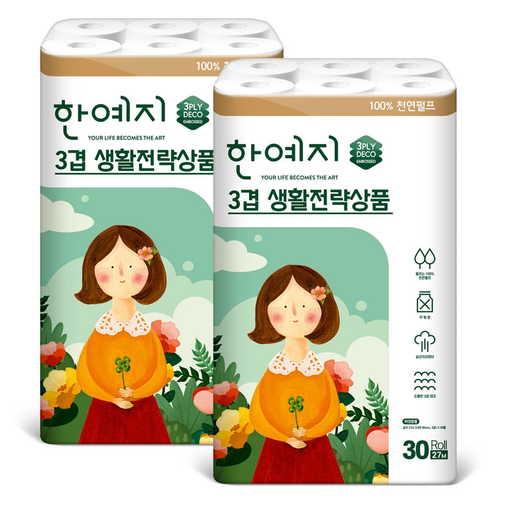 한예지 생활전략상품 천연펄프 화장지 27m, 30롤, 2팩 - 상세 이미지 2