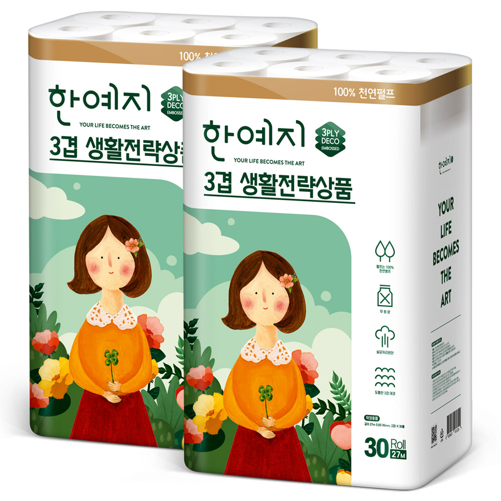 한예지 생활전략상품 천연펄프 화장지 27m, 30롤, 2팩