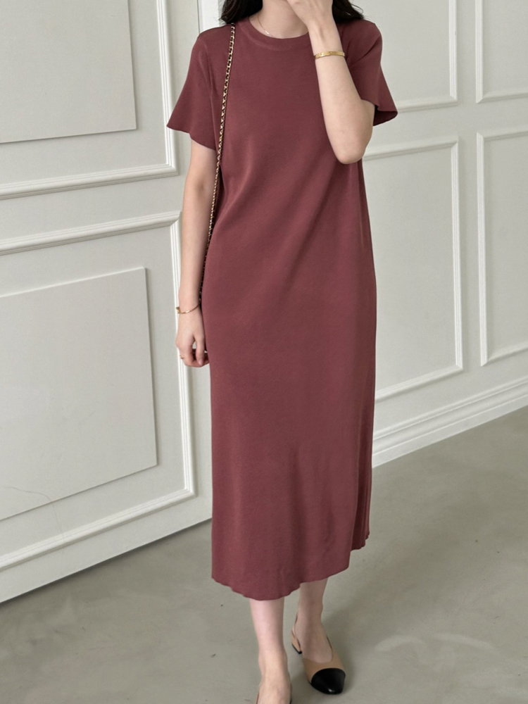 부드러운 비스코스 라운드 맥시 썸머 니트 반팔 롱 원피스 여성 여름 원피스 H라인 데일리룩