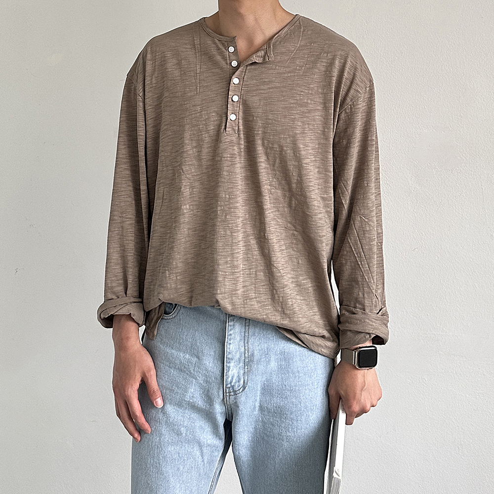 남자 여름긴팔티 얇은 슬라브 바캉스 헨리넥 쿨 린넨 티셔츠 - 상세 이미지 4