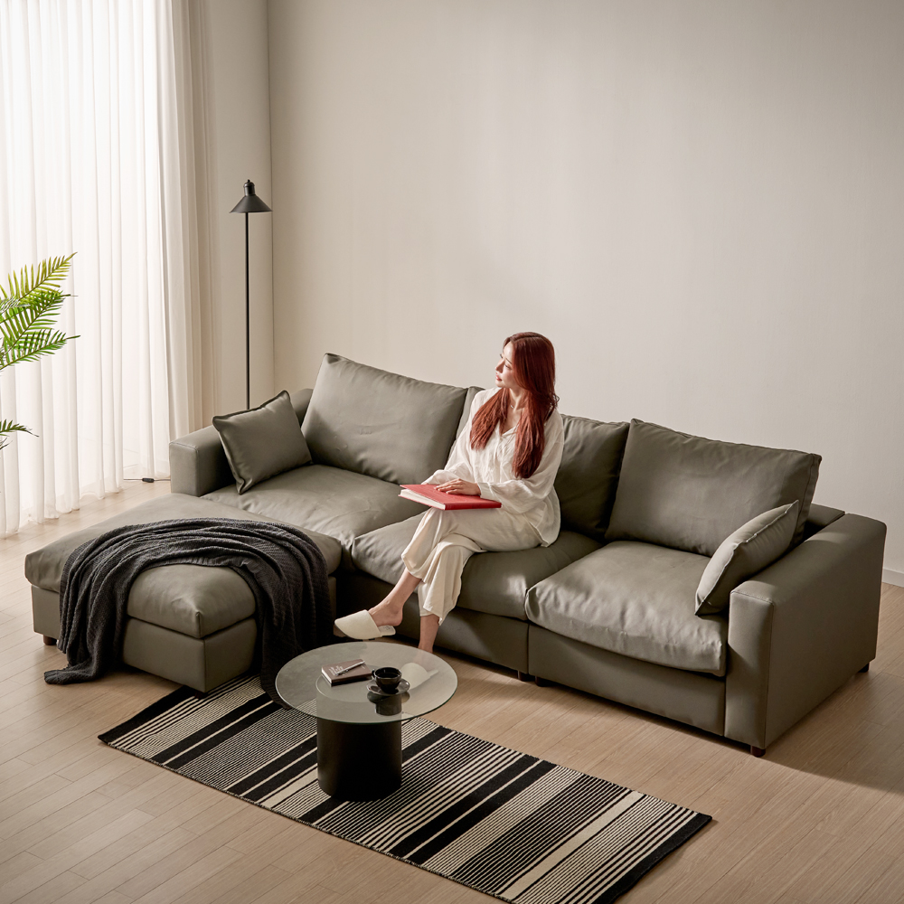 세인트블랑 컴피 구스 가죽 모듈 소파 sk 스툴포함, 다크브라운 양팔, 4인용