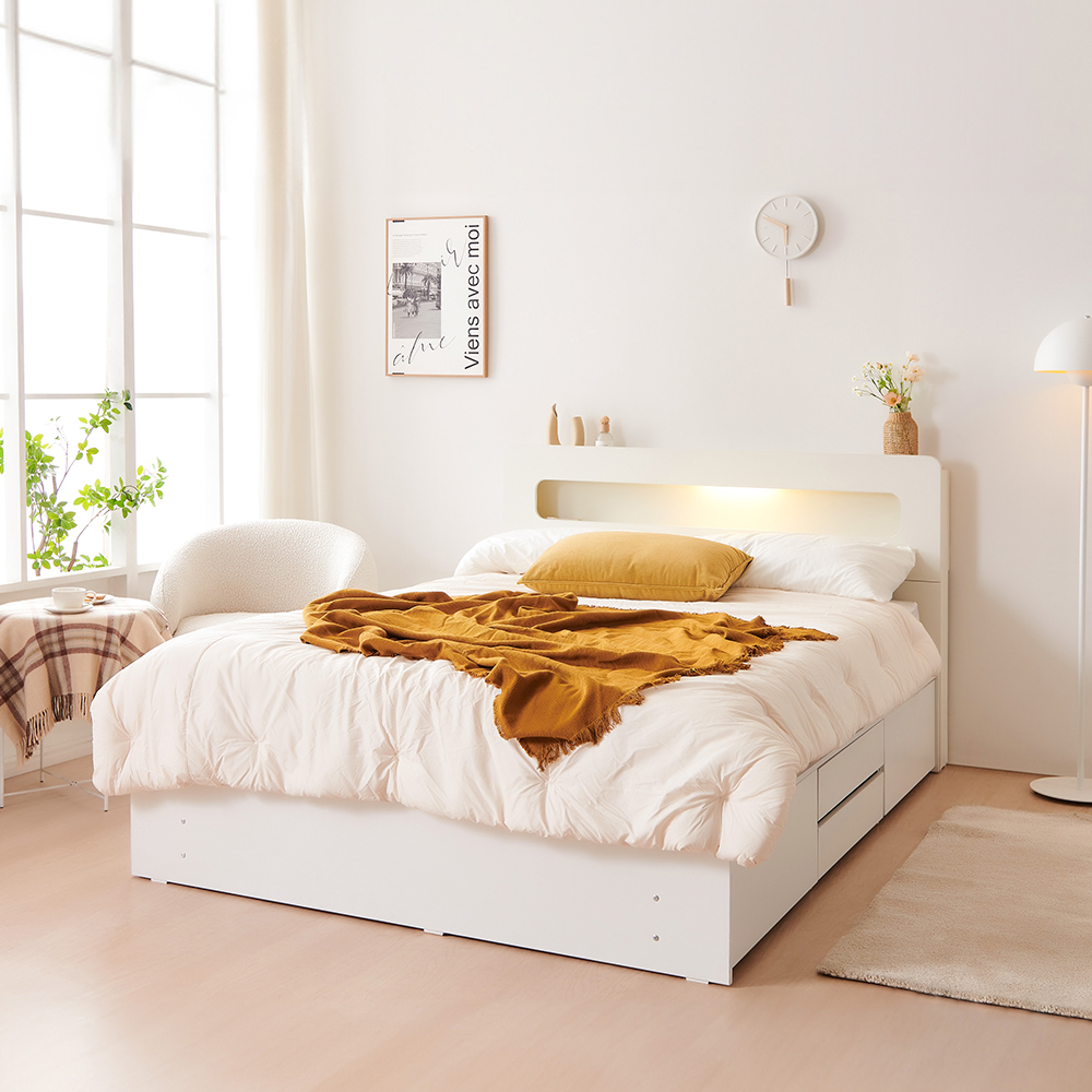 동서가구 룸인 2단 4서랍 Q 수납 침대+매트리스 9존독립매트리스, 헤드형_화이트