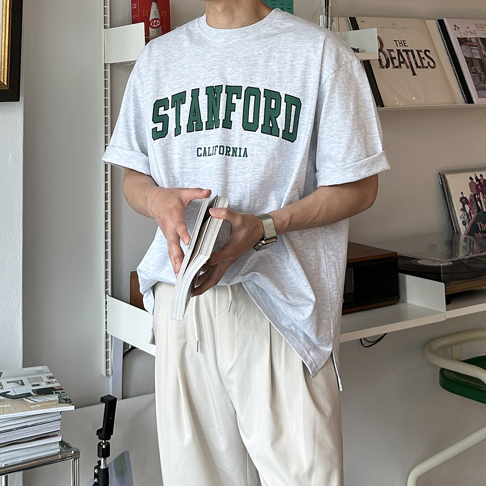 남자반팔티 흰색 스탠포드 레터링 여름 티셔츠 남자 오버핏반팔 - 상세 이미지 2