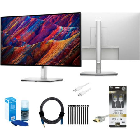 Dell [해외]Dell U2723HDMI 케이블, USB-C 충전 스크린 클리너, 어댑터 후크 앤 루프 고정 케이블 타이가 포함된 QE 울트라샤프 27인치 4K 허브 모니터 번들(6개 품