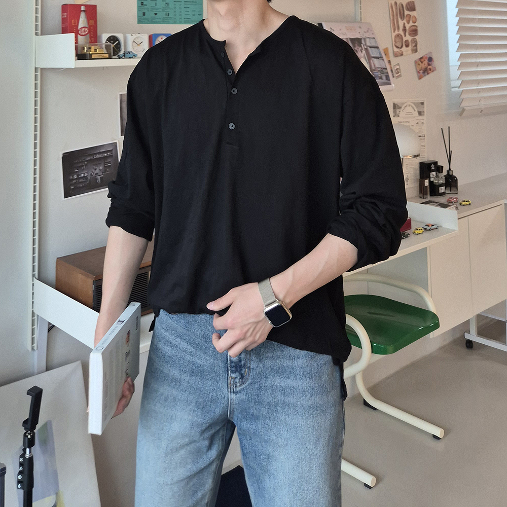 남자 여름긴팔티 얇은 슬라브 바캉스 헨리넥 쿨 린넨 티셔츠 - 상세 이미지 2