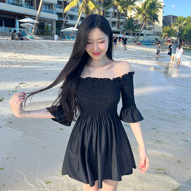 [N배송]크라시앙 하니 스모크 모노키니 여성 오프숄더 몸매보정 휴양지 워터파크 원피스 여자수영복 - 상세 이미지 2