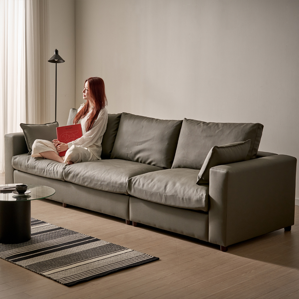 세인트블랑 컴피 구스 가죽 모듈 소파 sk 스툴미포함, 다크브라운 양팔, 4인용