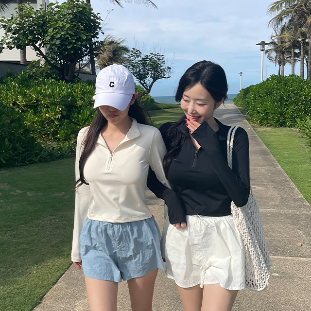 [N배송]크라시앙 여성 반집업 크롭 체형커버 긴팔 래쉬가드 상의 비키니 커버업 휴양지 수영장 수영복 - 상세 이미지 2
