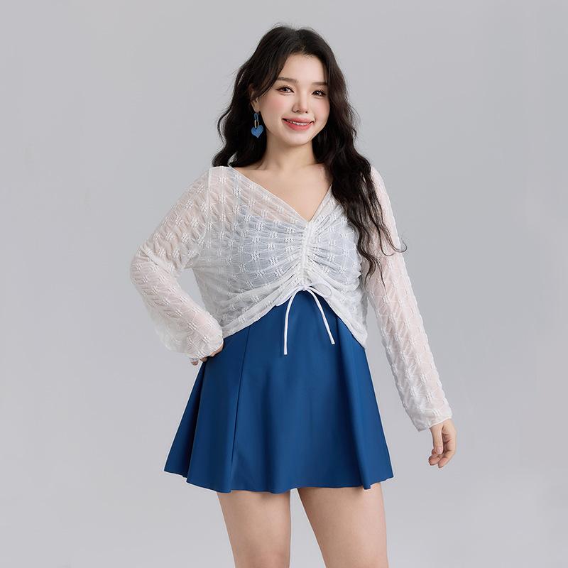 빅사이즈 실내 수영복 원피스형 체형커버 블라우스형 블루 - 상품 이미지