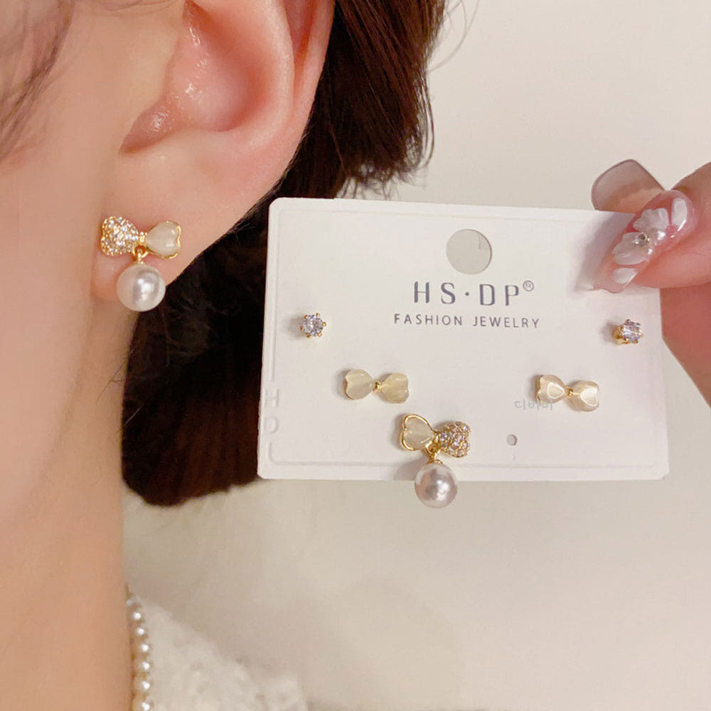 14K 오팔 하트 리본 진주 이어링 세트 알러지방지귀걸이 - 상세 이미지 2