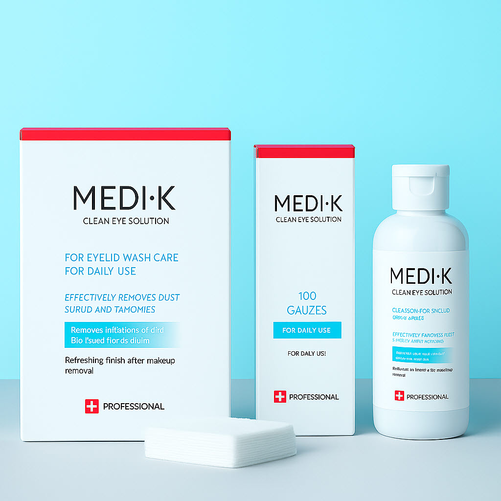 약국입점 메디케이 클린아이솔루션 눈꺼풀세정제 대용량 150ml+의약외품 거즈100매 마이봄샘 아이클리너 눈기름샘청소 제품 이미지