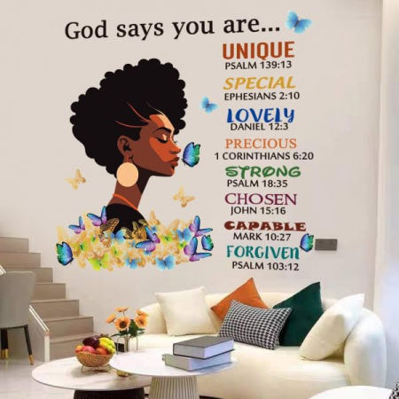 [CASADECOR][해외]블랙 걸 월 스티커 신이 말하는 당신이 데칼 영감을 주는 명언 탈착식 DIY 필 앤 스틱 r 벽 장식 아프로 우먼 침실용