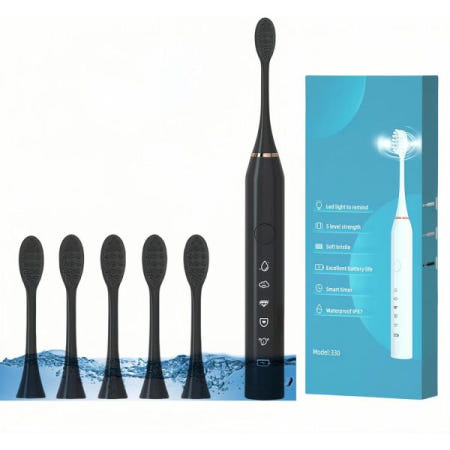 [Generic][해외]소닉 칫솔, 성인용 및 청소년용 전동 여행 스타일, 휴대하기 편리함, 브러시 헤드 5개, 모드 2분 스마트 타이머, IPX7 방수 기능.블랙입니다. Black