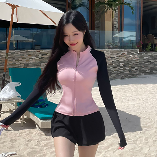 [N배송]크라시앙 여성 자외선차단 핑크배색 슬림핏 집업 긴팔 래쉬가드 몸매보정 여자수영복 - 상세 이미지 4