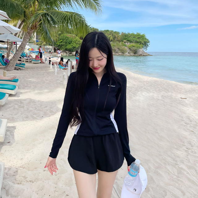 [N배송]크라시앙 여성 자외선차단 허리배색 슬림핏 집업 래쉬가드 긴팔 상의 몸매보정 여자수영복 - 상세 이미지 5