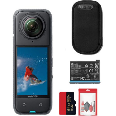 Insta360 [해외]Insta360 X4 - 48MP 센서가 장착된 방수 360 8K 액션 카메라, 5.7K 비디오, 72MP 사진, AI 편집, 스포츠, 여행, 야외용 + 64GB 카드 청소