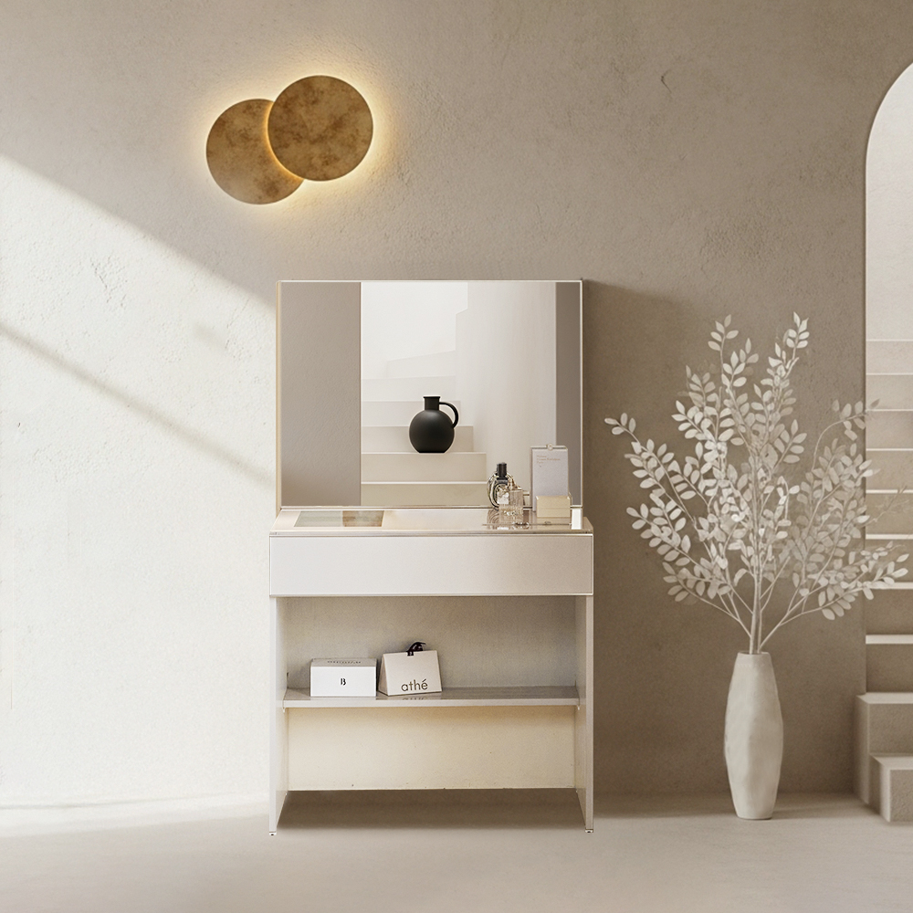 장인가구 무와 E0등급 하이그로시 800 수납 화장대 거울 세트