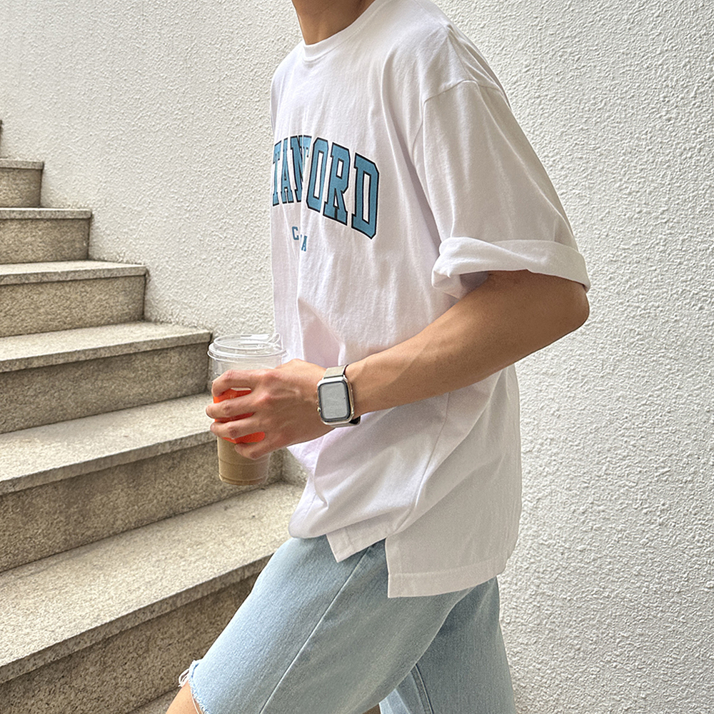 남자반팔티 흰색 스탠포드 레터링 여름 티셔츠 남자 오버핏반팔 - 상품 이미지