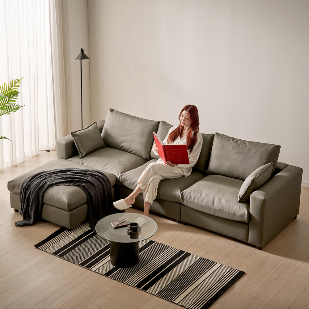 세인트블랑 컴피 구스 가죽 모듈 소파 sk 스툴포함, 다크브라운 양팔, 4인용