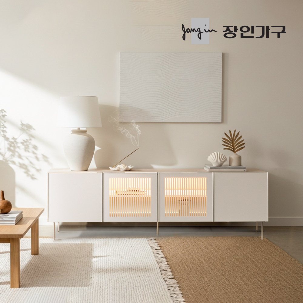 장인가구 무와 E0등급 하이그로시 티비 tv 다이 모던 슬림 높은 거실장 LED 1800, 아이보리