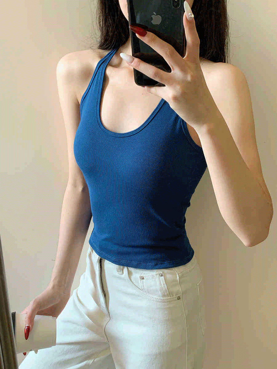 쿠빈 여성 여름  흠뻑쇼 홀터넥 골지 나시 티셔츠 - 상품 이미지