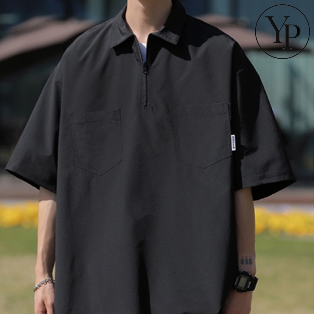 남성 오버핏 반팔 티셔츠 반집업 지퍼 데일리 위크웨어 캐주얼 데일리 코디 패션 - 메인 이미지