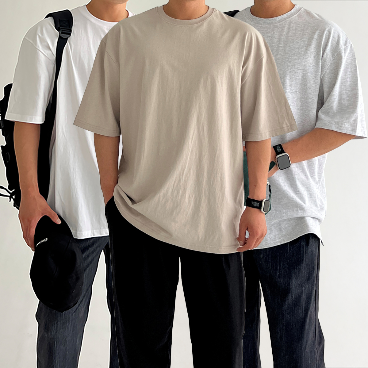 1+1+1 남자 20수 무지 워셔블 목안늘어나는 레이어드 오버핏 반팔티 - 상품 이미지