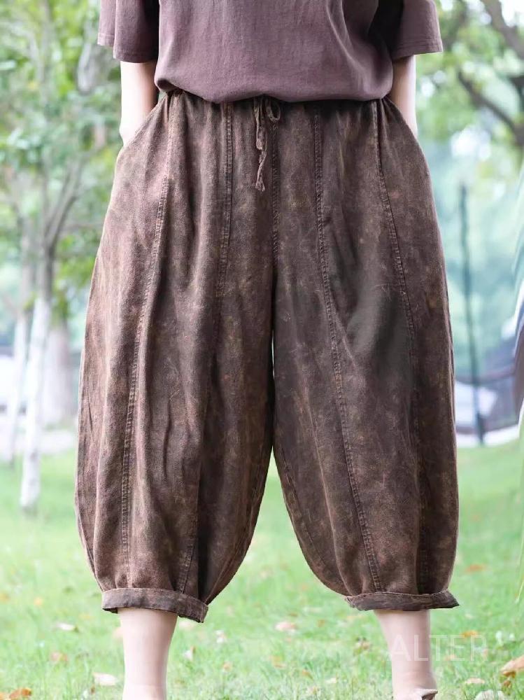 중년 여성 여름 바지 린넨 항아리 엄마 조거 밴딩 와이드 9부 팬츠 시원한 - 상세 이미지 2