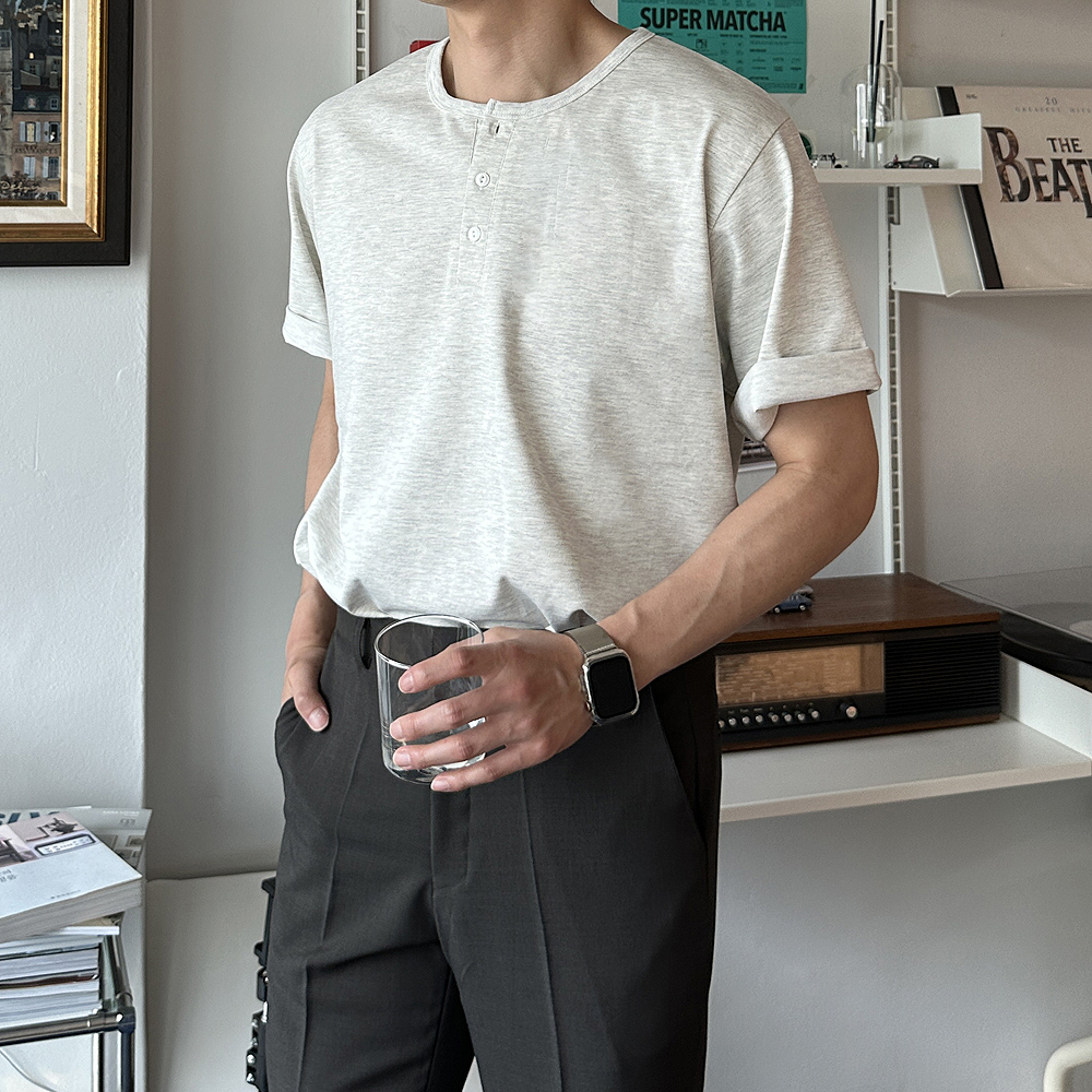 피케 티셔츠 머슬핏 헨리넥 반팔 분또 스판 남자 반팔티 - 상품 이미지