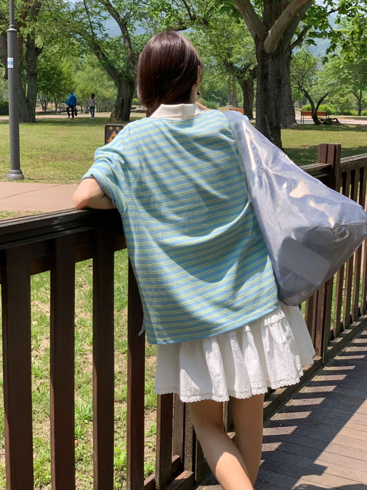 오버핏 배색 단가라 럭비 카라티 스트라이프 티셔츠 여성 여름 반팔 티셔츠 코튼 박스티 - 상세 이미지 3