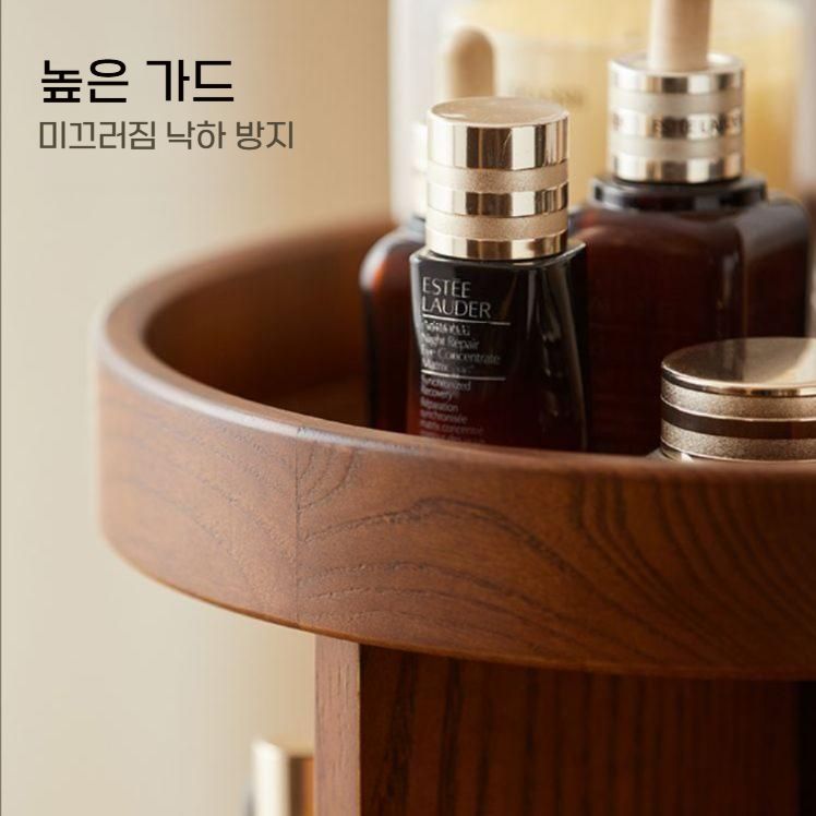 회전형 화장품정리대 보관함 3단 다용도 원목 라탄 선반 - 상세 이미지 3