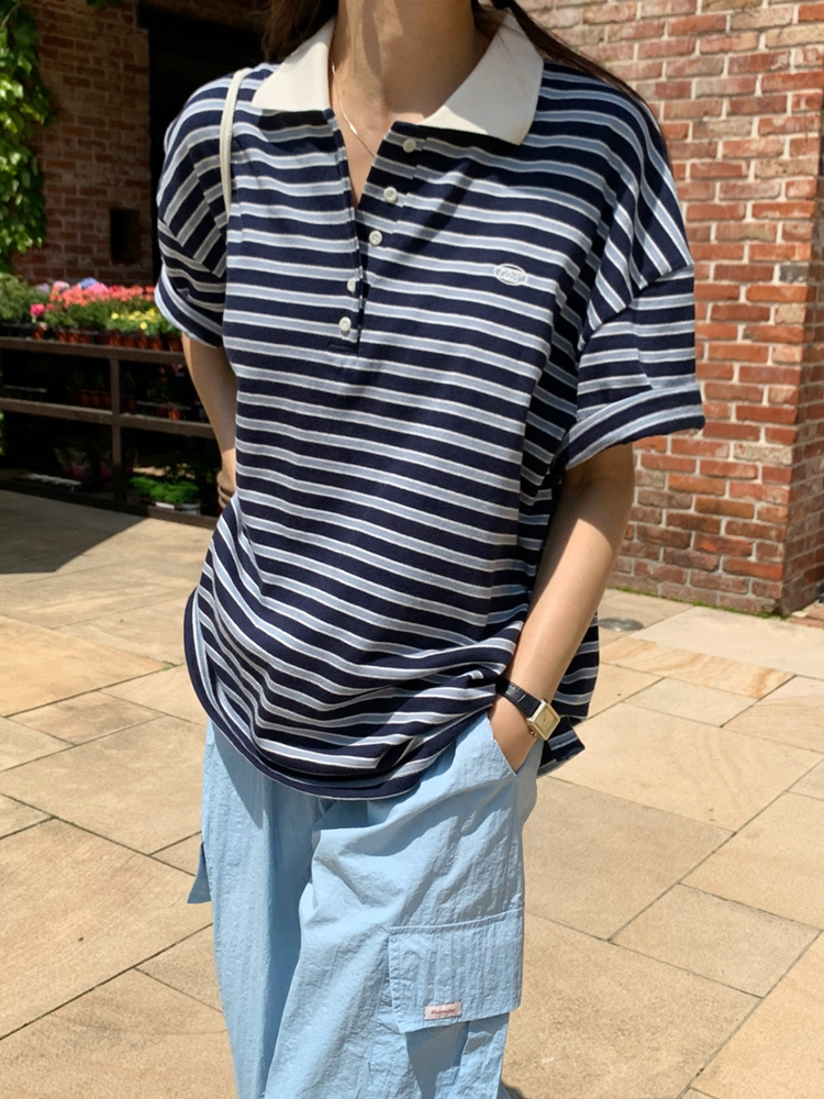오버핏 배색 단가라 럭비 카라티 스트라이프 티셔츠 여성 여름 반팔 티셔츠 코튼 박스티 이미지 6