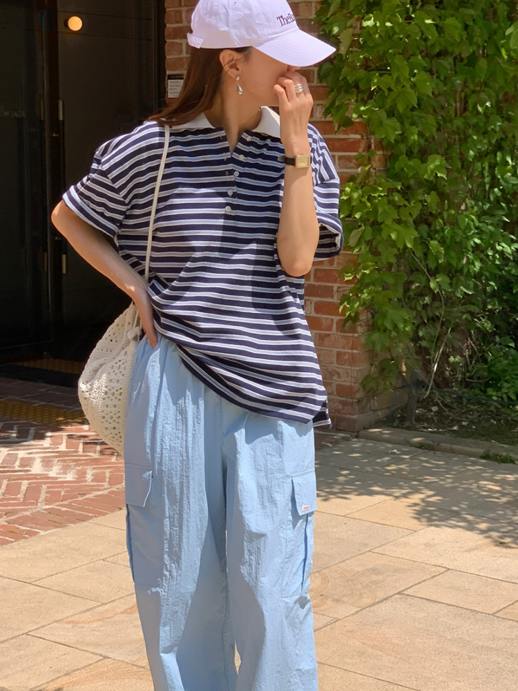 오버핏 배색 단가라 럭비 카라티 스트라이프 티셔츠 여성 여름 반팔 티셔츠 코튼 박스티 - 상세 이미지 5